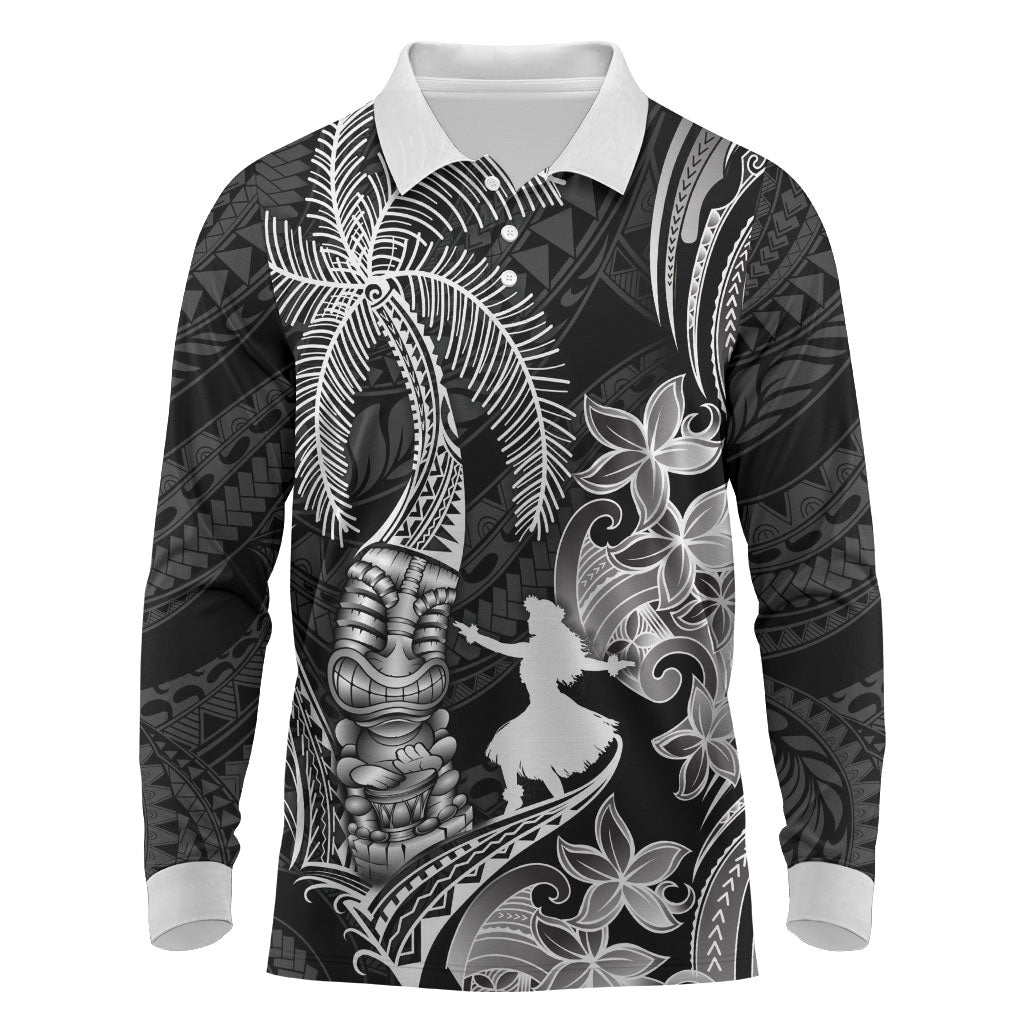 Hawaii Tribal Tiki Drum Hula Girl Long Sleeve Polo Shirt LT14 Black - Polynesian Pride