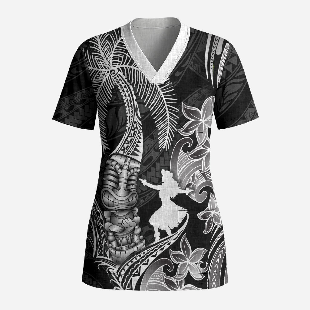 Hawaii Tribal Tiki Drum Hula Girl Scrub Top LT14 Adult Black - Polynesian Pride