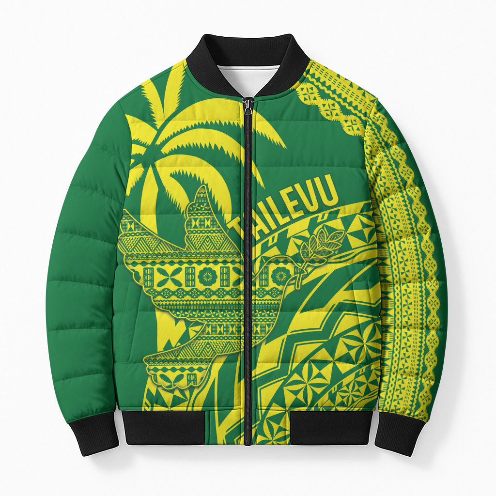Tailevu Fiji 2026 Rugby Custom Bomber Puffer Jacket Dove Nation Fijian Tapa Pattern LT14 Unisex Green - Polynesian Pride