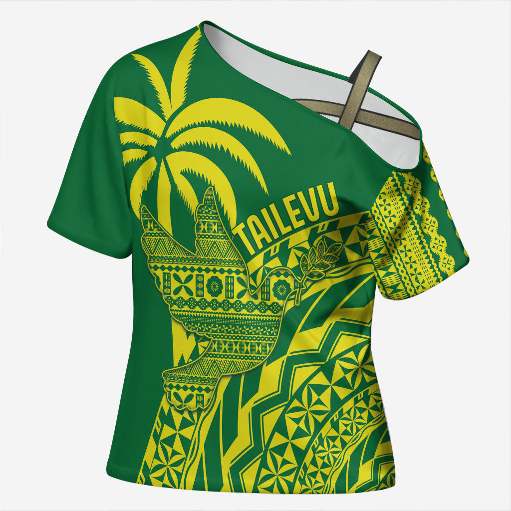 Tailevu Fiji 2026 Rugby Custom Cross Shoulder Shirt Dove Nation Fijian Tapa Pattern LT14 Female Green - Polynesian Pride
