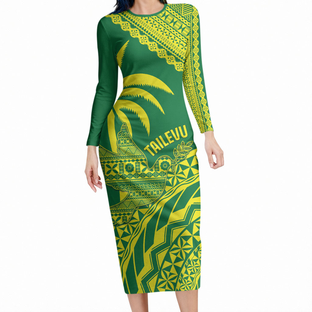 Tailevu Fiji 2026 Rugby Custom Long Sleeve Bodycon Dress Dove Nation Fijian Tapa Pattern LT14 Long Dress Green - Polynesian Pride
