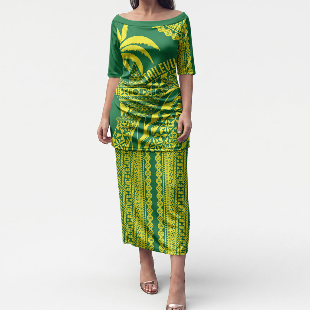Tailevu Fiji 2026 Rugby Custom Puletasi Dove Nation Fijian Tapa Pattern LT14 Long Dress Green - Polynesian Pride