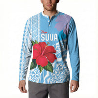 Suva Fiji 2026 Rugby Custom Button Sweatshirt Hibiscus Fijian Tapa Pattern