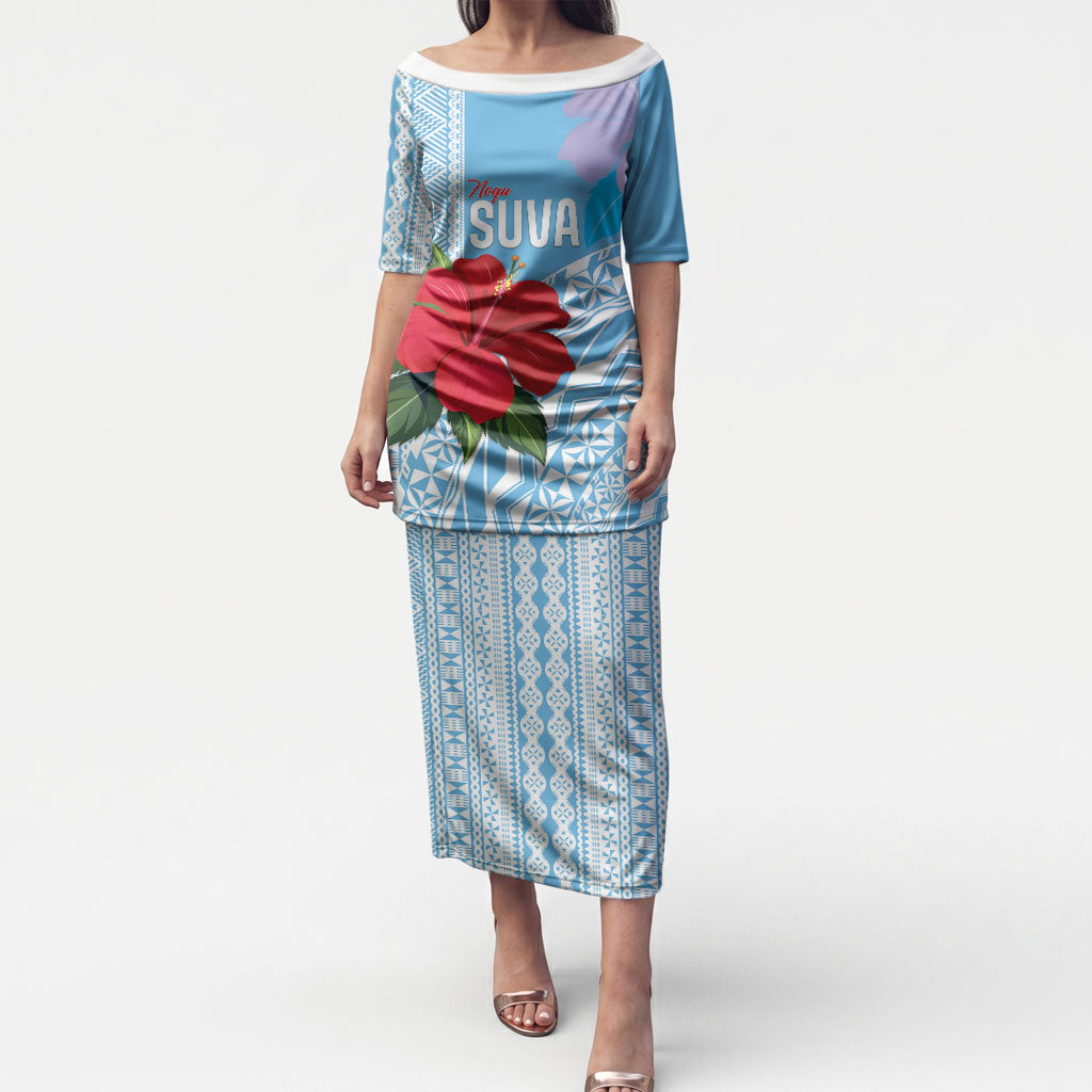 Suva Fiji 2026 Rugby Custom Puletasi Hibiscus Fijian Tapa Pattern LT14 Long Dress Blue - Polynesian Pride
