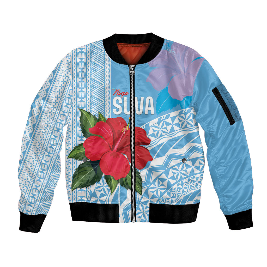 Suva Fiji 2026 Rugby Custom Sleeve Zip Bomber Jacket Hibiscus Fijian Tapa Pattern