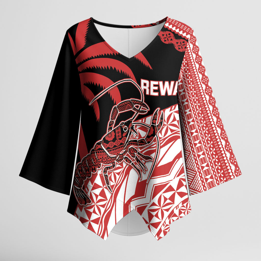 Rewa Fiji 2026 Rugby Custom Kimono Sleeve Blouse Ura Prawn Fijian Tapa Pattern LT14 Female Red - Polynesian Pride