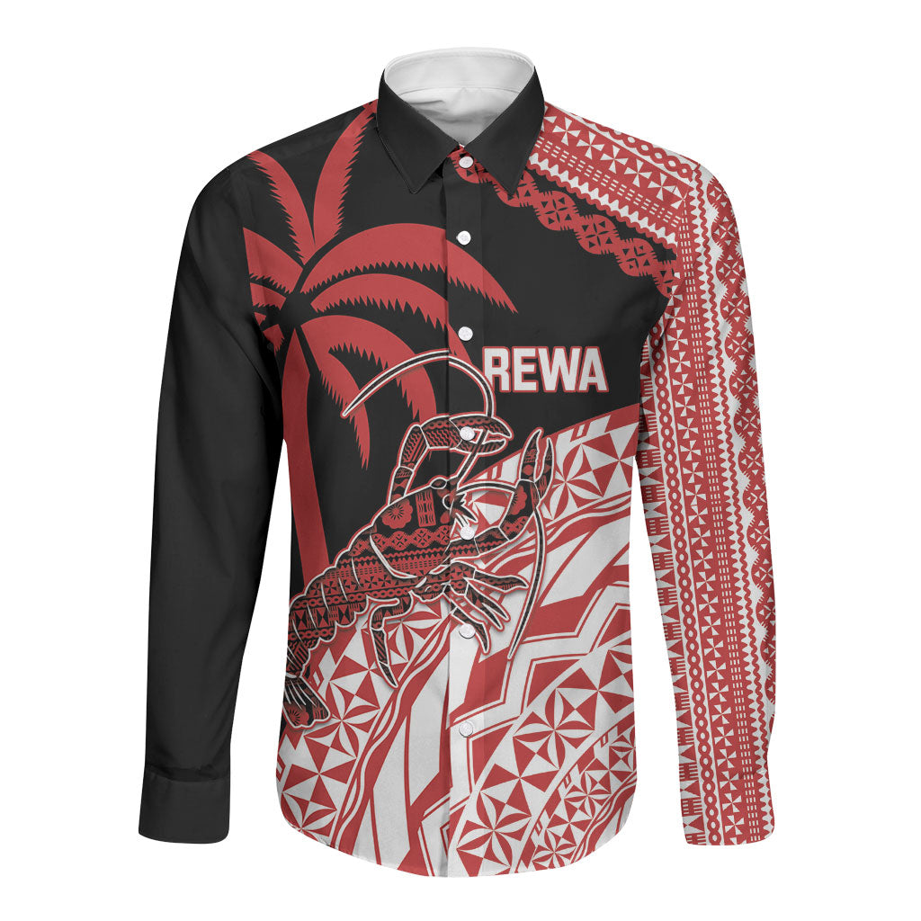 Rewa Fiji 2026 Rugby Custom Long Sleeve Button Shirt Ura Prawn Fijian Tapa Pattern LT14 Unisex Red - Polynesian Pride
