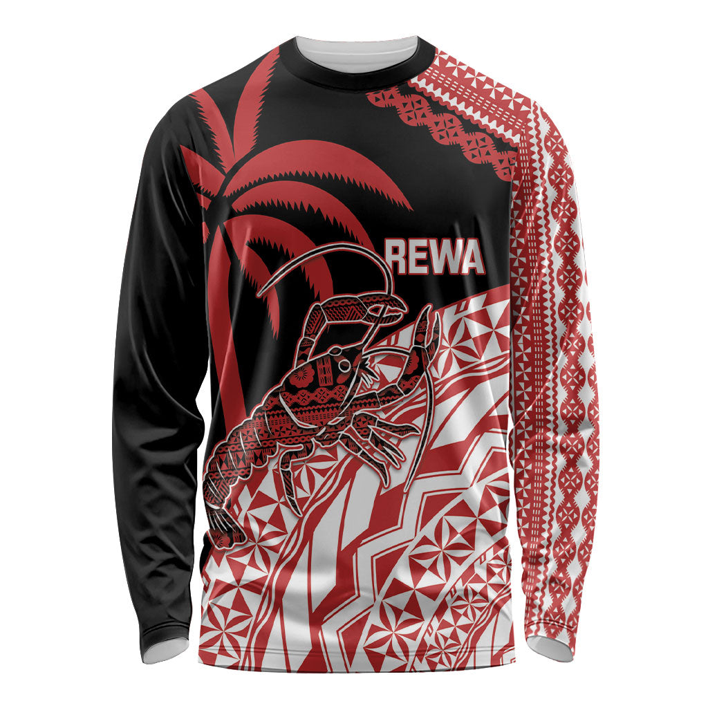 Rewa Fiji 2026 Rugby Custom Long Sleeve Shirt Ura Prawn Fijian Tapa Pattern LT14 Unisex Red - Polynesian Pride