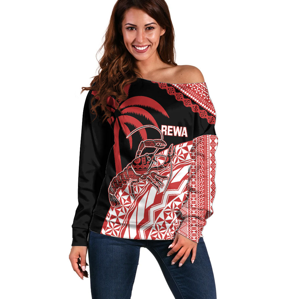 Rewa Fiji 2026 Rugby Custom Off Shoulder Sweater Ura Prawn Fijian Tapa Pattern LT14 Women Red - Polynesian Pride