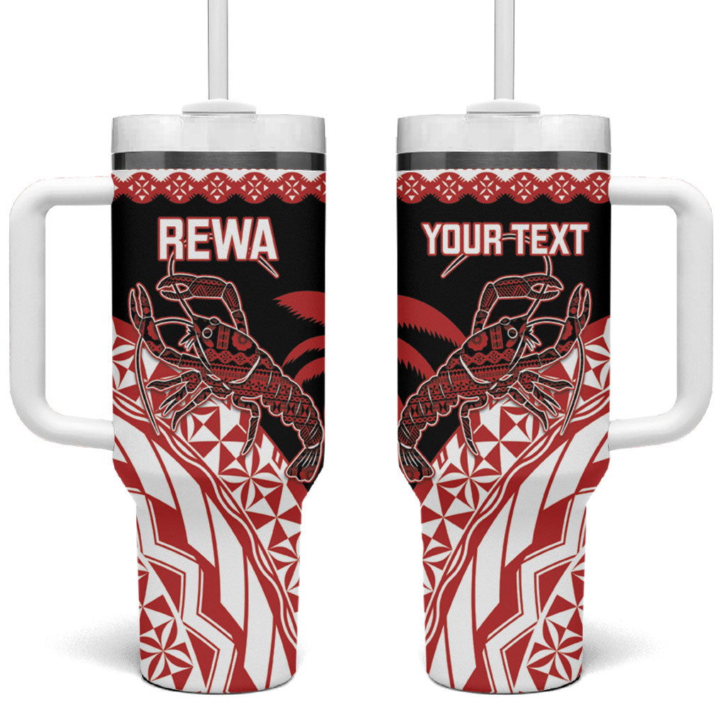 Rewa Fiji 2026 Rugby Custom Tumbler With Handle Ura Prawn Fijian Tapa Pattern