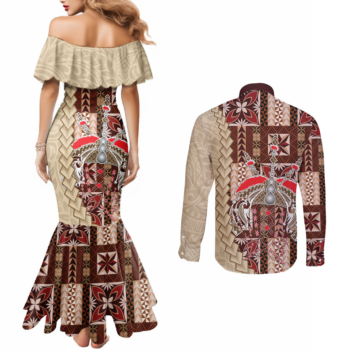 Samoa Tapau Couples Matching Mermaid Dress and Long Sleeve Button Shirt Samoan Siapo Pattern LT14 - Polynesian Pride