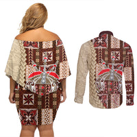 Samoa Tapau Couples Matching Off Shoulder Short Dress and Long Sleeve Button Shirt Samoan Siapo Pattern LT14 - Polynesian Pride