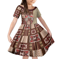 Samoa Tapau Family Matching Off Shoulder Short Dress and Hawaiian Shirt Samoan Siapo Pattern LT14 Daughter's Dress Brown - Polynesian Pride