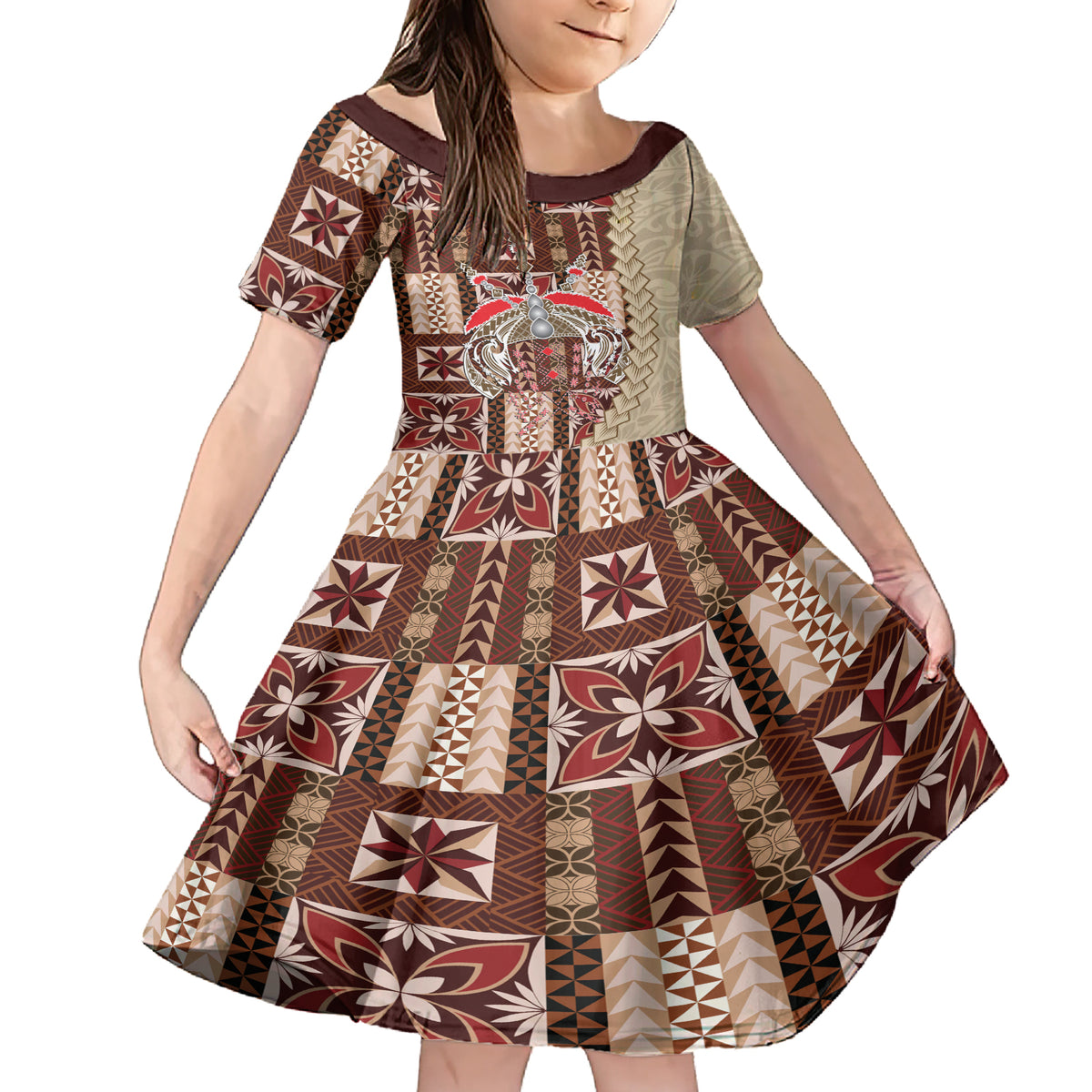 Samoa Tapau Family Matching Short Sleeve Bodycon Dress and Hawaiian Shirt Samoan Siapo Pattern LT14 Daughter's Dress Brown - Polynesian Pride