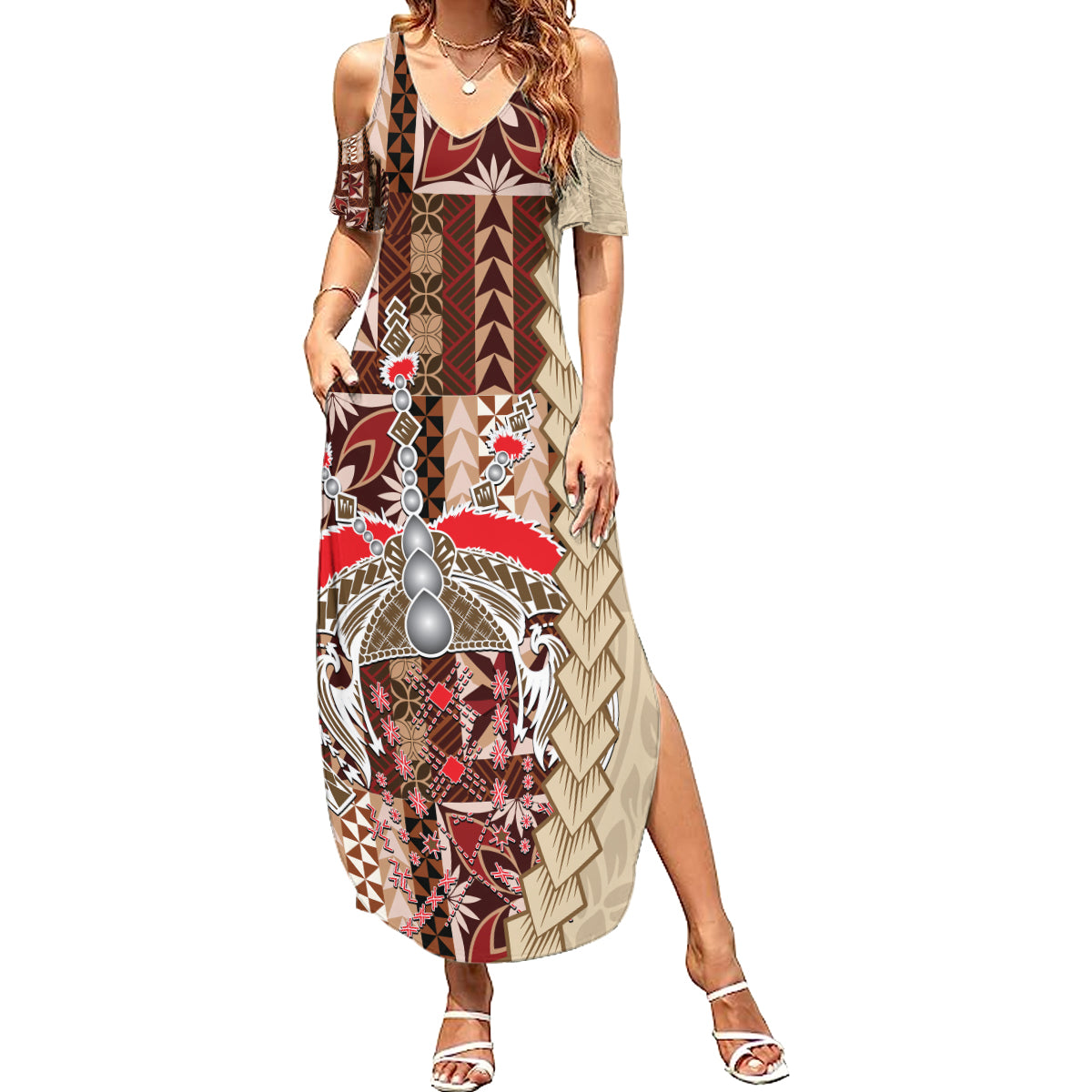 Samoa Tapau Summer Maxi Dress Samoan Siapo Pattern LT14 Women Brown - Polynesian Pride