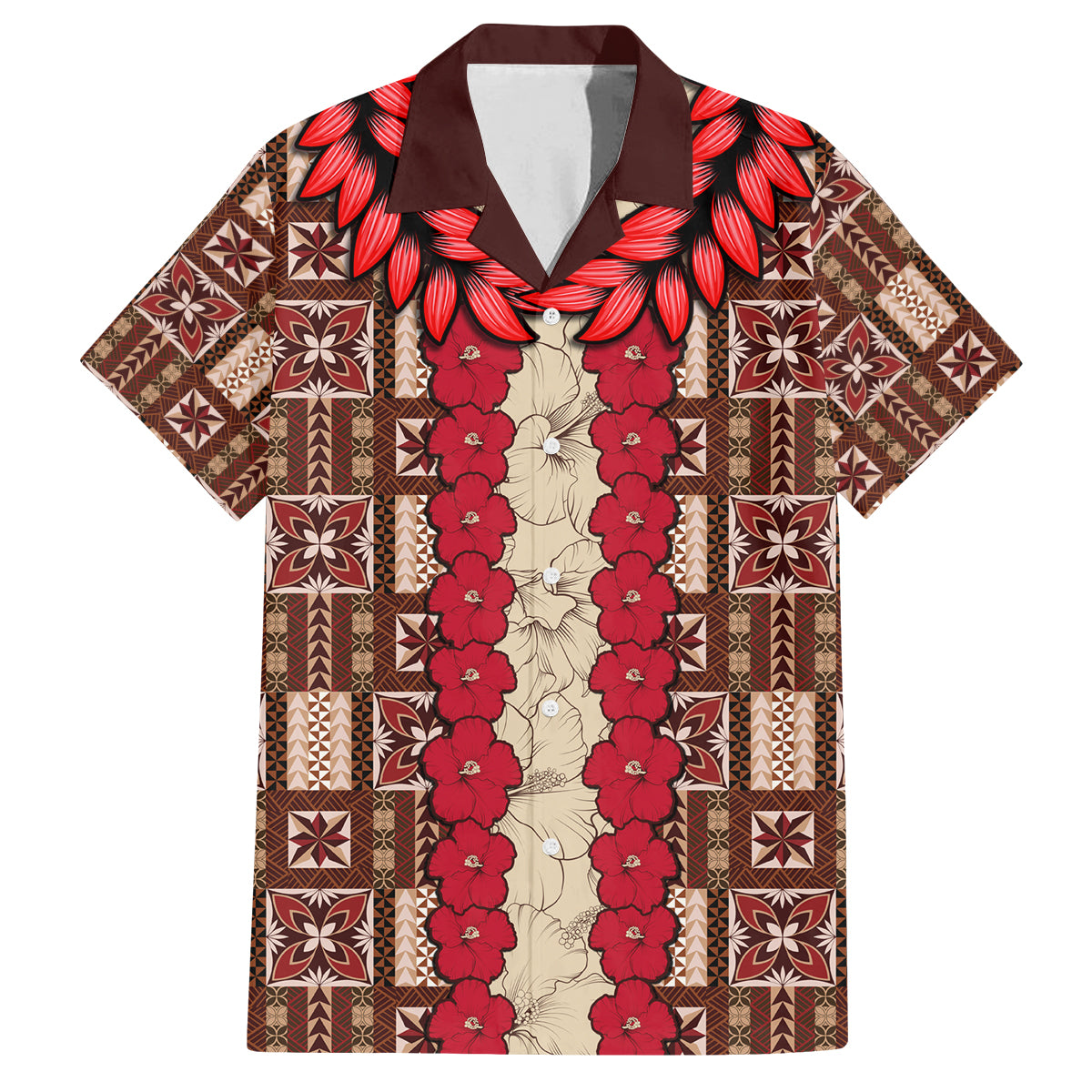 Samoa Siapo Family Matching Long Sleeve Bodycon Dress and Hawaiian Shirt Tapa Pattern Mix Ula Fala Hibiscus LT14 Dad's Shirt - Short Sleeve Brown - Polynesian Pride