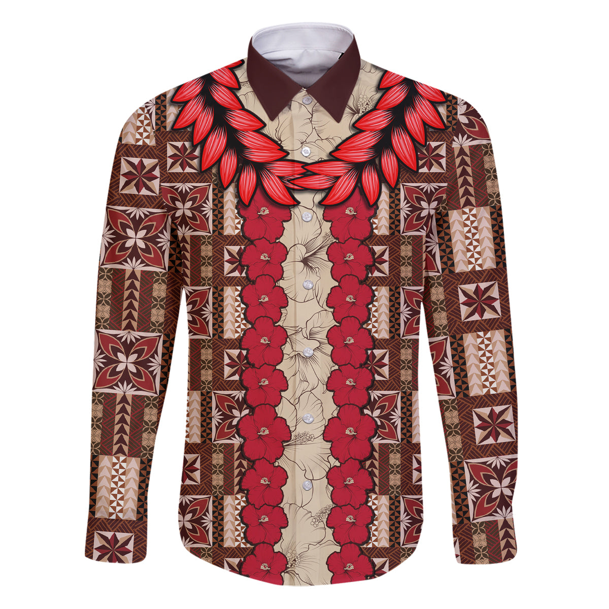 Samoa Siapo Family Matching Puletasi Dress and Hawaiian Shirt Tapa Pattern Mix Ula Fala Hibiscus LT14 Dad's Shirt - Long Sleeve Brown - Polynesian Pride