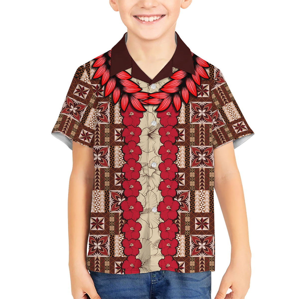 Samoa Siapo Kid Hawaiian Shirt Tapa Pattern Mix Ula Fala Hibiscus LT14 Kid Brown - Polynesian Pride