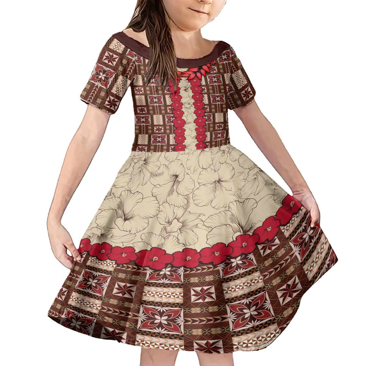 Samoa Siapo Kid Short Sleeve Dress Tapa Pattern Mix Ula Fala Hibiscus LT14 KID Brown - Polynesian Pride