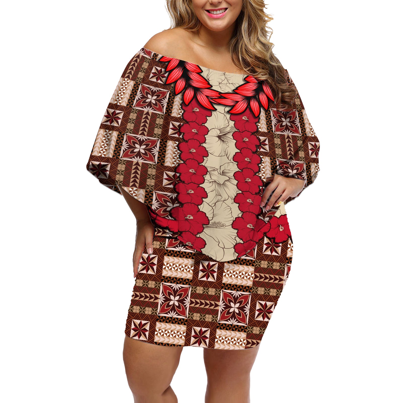 Samoa Siapo Off Shoulder Short Dress Tapa Pattern Mix Ula Fala Hibiscus LT14 Women Brown - Polynesian Pride