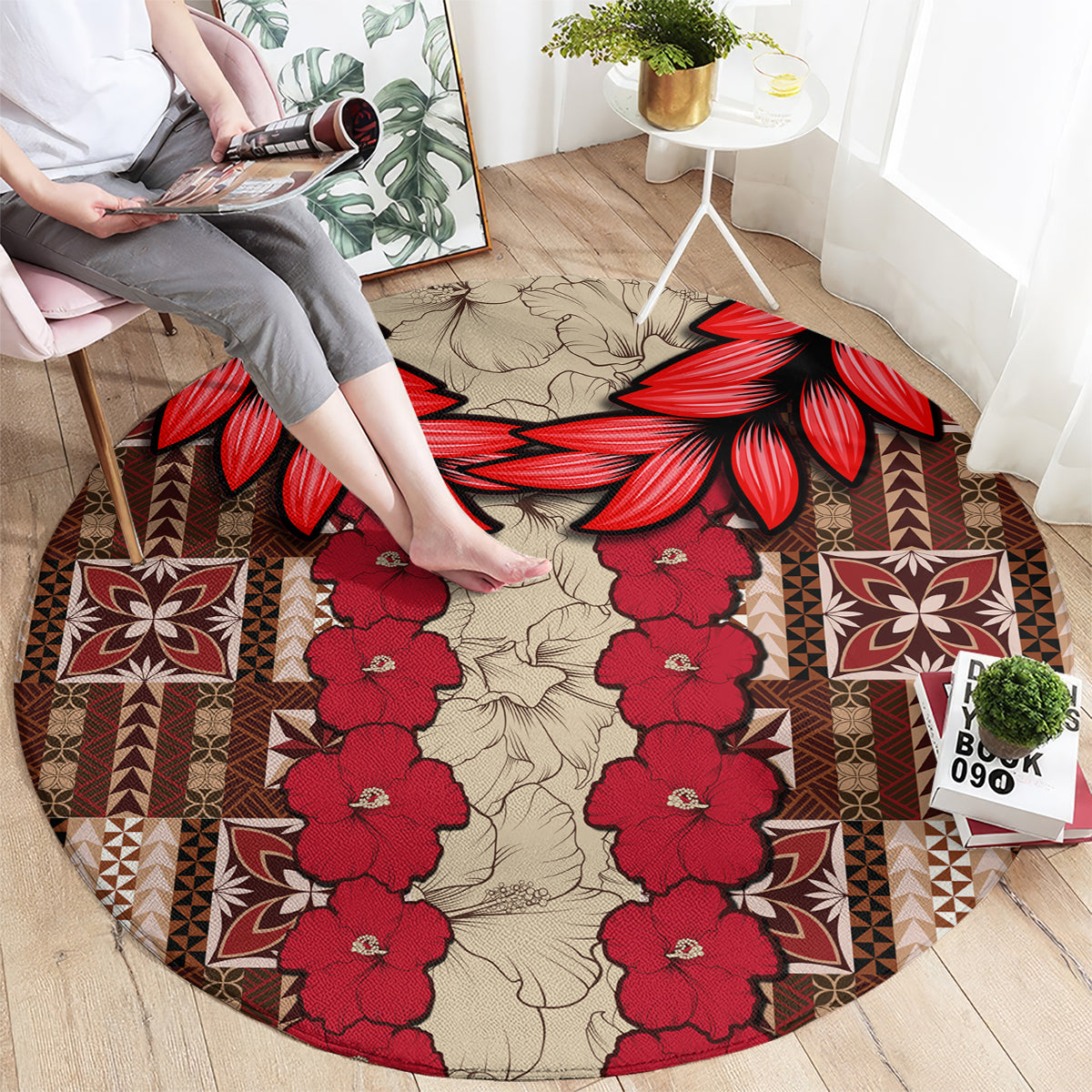 Samoa Siapo Round Carpet Tapa Pattern Mix Ula Fala Hibiscus LT14 - Polynesian Pride