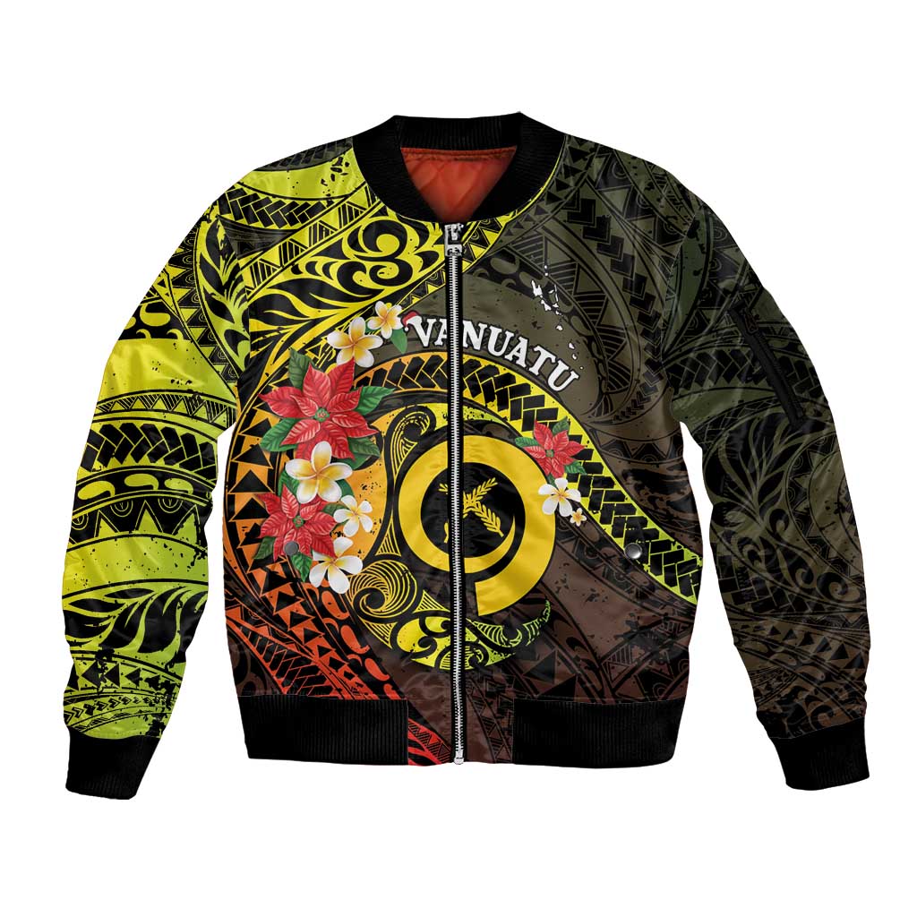 Vanuatu Christmas Sleeve Zip Bomber Jacket Vanuatuan Pig Tusk - Meri Krismas!