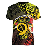 Vanuatu Christmas Women V-Neck T-Shirt Vanuatuan Pig Tusk - Meri Krismas!