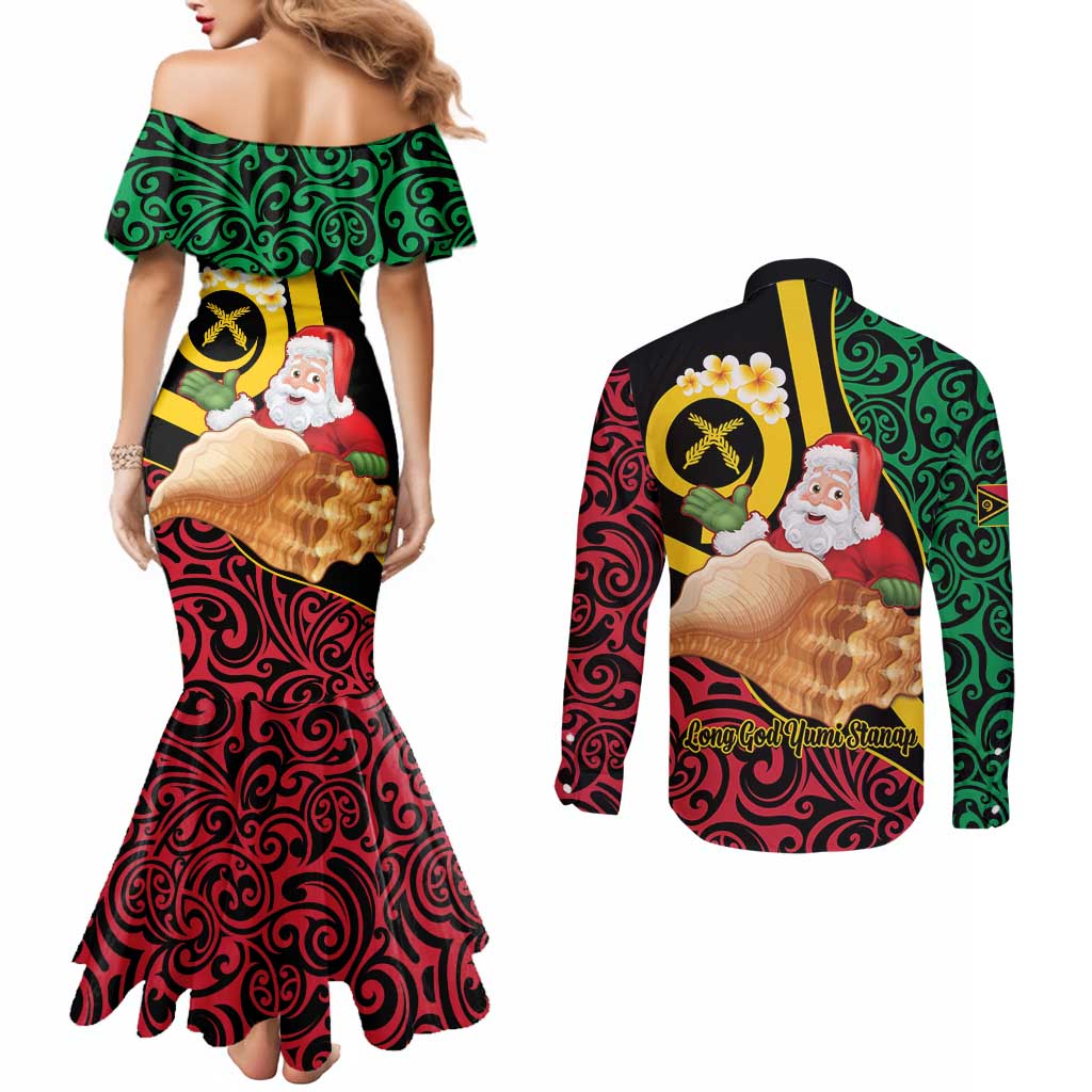 Vanuatu Christmas Couples Matching Mermaid Dress and Long Sleeve Button Shirt Vanuatuan Conch Shell - Meri Krismas! LT14 - Polynesian Pride