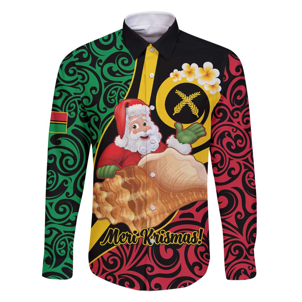Vanuatu Christmas Family Matching Long Sleeve Bodycon Dress and Hawaiian Shirt Vanuatuan Conch Shell - Meri Krismas! LT14 Dad's Shirt - Long Sleeve Black - Polynesian Pride