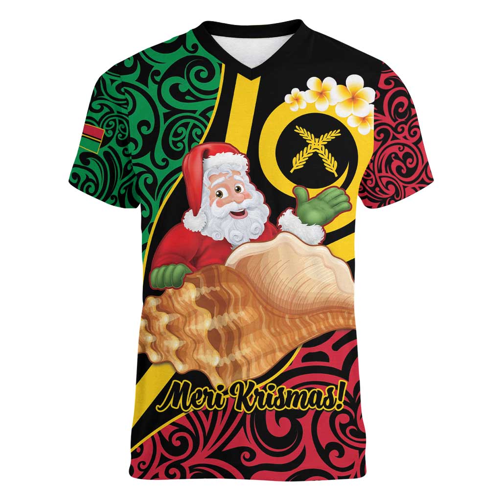 Vanuatu Christmas Women V-Neck T-Shirt Vanuatuan Conch Shell - Meri Krismas!