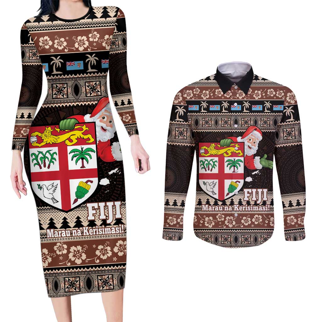 Fiji Christmas Couples Matching Long Sleeve Bodycon Dress and Long Sleeve Button Shirt Fijian Masi Marau na Kerisimasi! - Brown LT14 Brown - Polynesian Pride