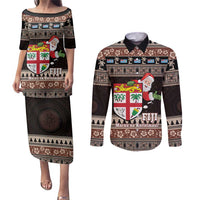 Fiji Christmas Couples Matching Puletasi and Long Sleeve Button Shirt Fijian Masi Marau na Kerisimasi! - Brown LT14 Brown - Polynesian Pride