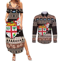 Fiji Christmas Couples Matching Summer Maxi Dress and Long Sleeve Button Shirt Fijian Masi Marau na Kerisimasi! - Brown LT14 Brown - Polynesian Pride