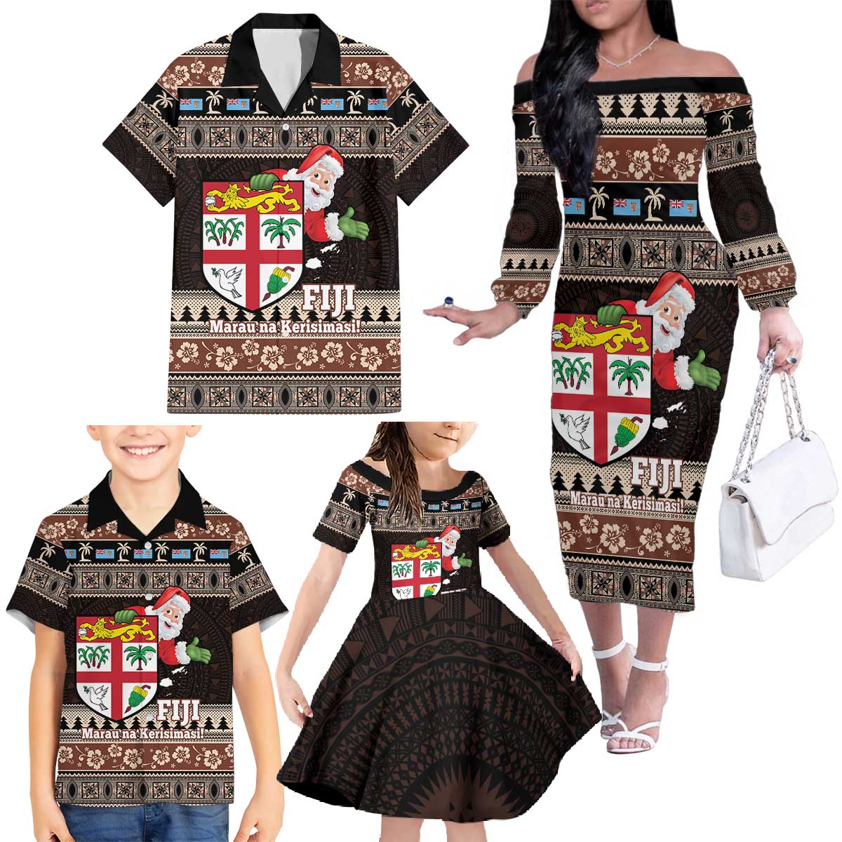 Fiji Christmas Family Matching Off The Shoulder Long Sleeve Dress and Hawaiian Shirt Fijian Masi Marau na Kerisimasi! - Brown