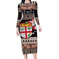 Fiji Christmas Long Sleeve Bodycon Dress Fijian Masi Marau na Kerisimasi! - Brown LT14 Long Dress Brown - Polynesian Pride