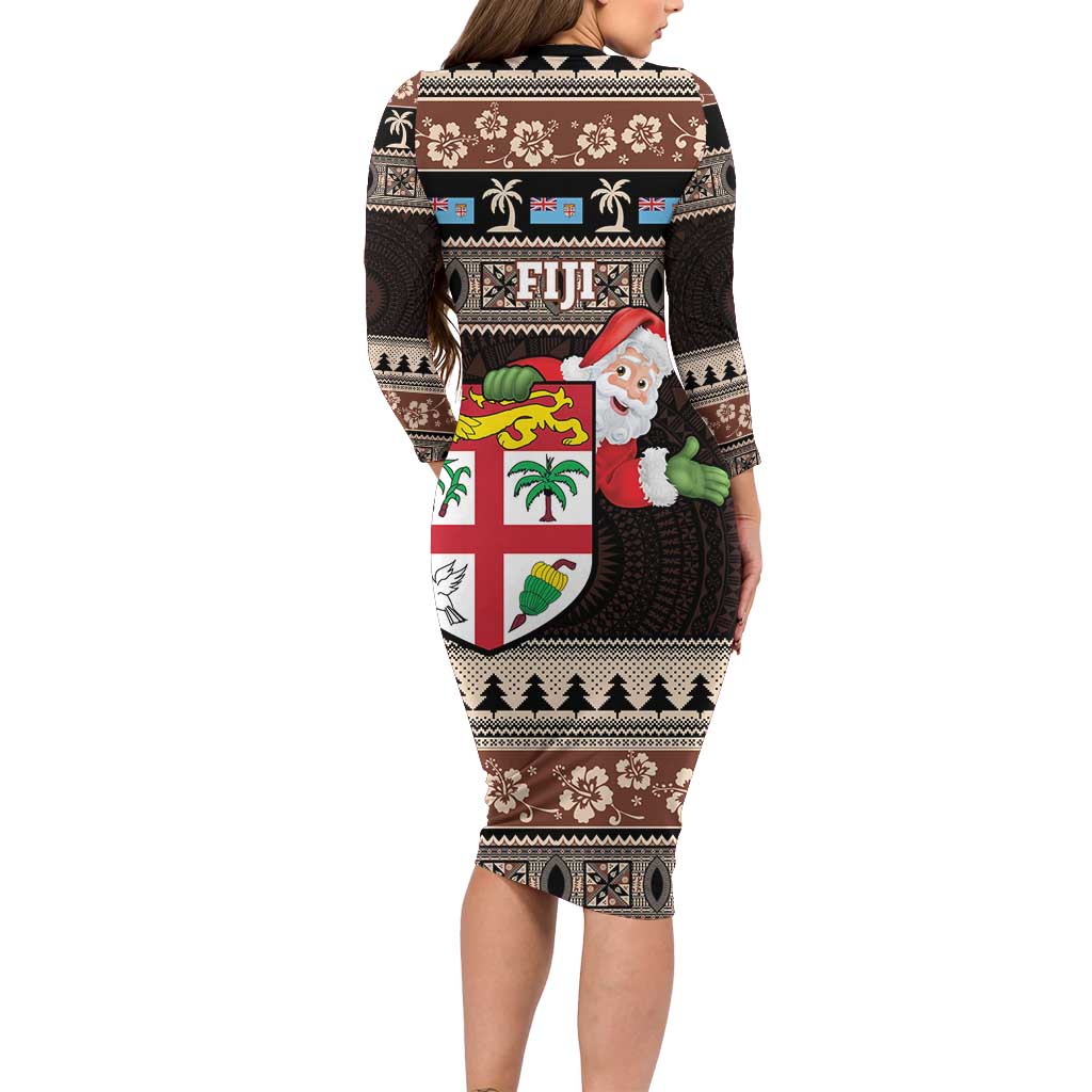 Fiji Christmas Long Sleeve Bodycon Dress Fijian Masi Marau na Kerisimasi! - Brown LT14 - Polynesian Pride