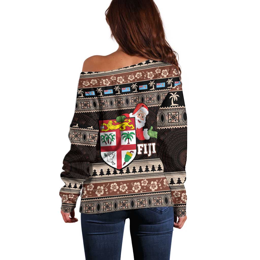 Fiji Christmas Off Shoulder Sweater Fijian Masi Marau na Kerisimasi! - Brown