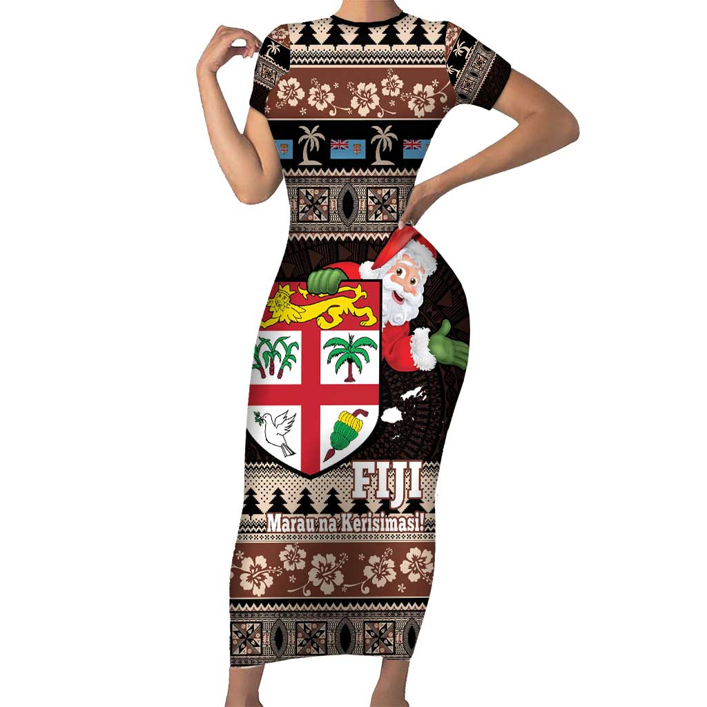 Fiji Christmas Short Sleeve Bodycon Dress Fijian Masi Marau na Kerisimasi! - Brown