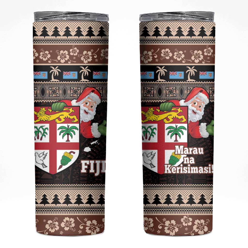 Fiji Christmas Skinny Tumbler Fijian Masi Marau na Kerisimasi! - Brown