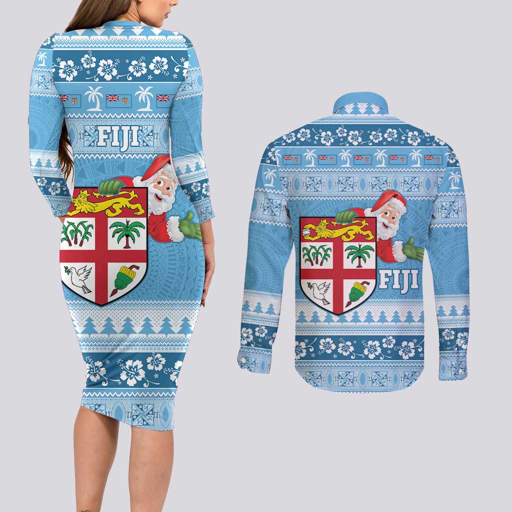 Fiji Christmas Couples Matching Long Sleeve Bodycon Dress and Long Sleeve Button Shirt Fijian Masi Marau na Kerisimasi! - Blue LT14 - Polynesian Pride