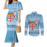 Fiji Christmas Couples Matching Mermaid Dress and Long Sleeve Button Shirt Fijian Masi Marau na Kerisimasi! - Blue LT14 Blue - Polynesian Pride