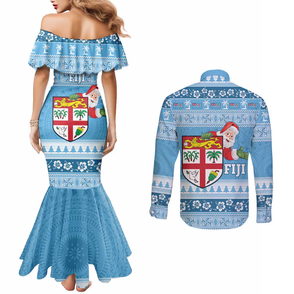 Fiji Christmas Couples Matching Mermaid Dress and Long Sleeve Button Shirt Fijian Masi Marau na Kerisimasi! - Blue LT14 - Polynesian Pride