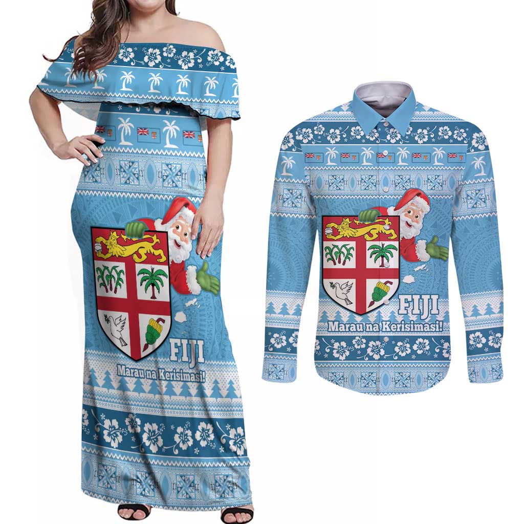 Fiji Christmas Couples Matching Off Shoulder Maxi Dress and Long Sleeve Button Shirt Fijian Masi Marau na Kerisimasi! - Blue