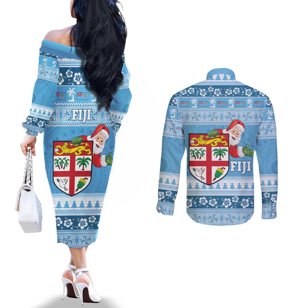 Fiji Christmas Couples Matching Off The Shoulder Long Sleeve Dress and Long Sleeve Button Shirt Fijian Masi Marau na Kerisimasi! - Blue LT14 - Polynesian Pride
