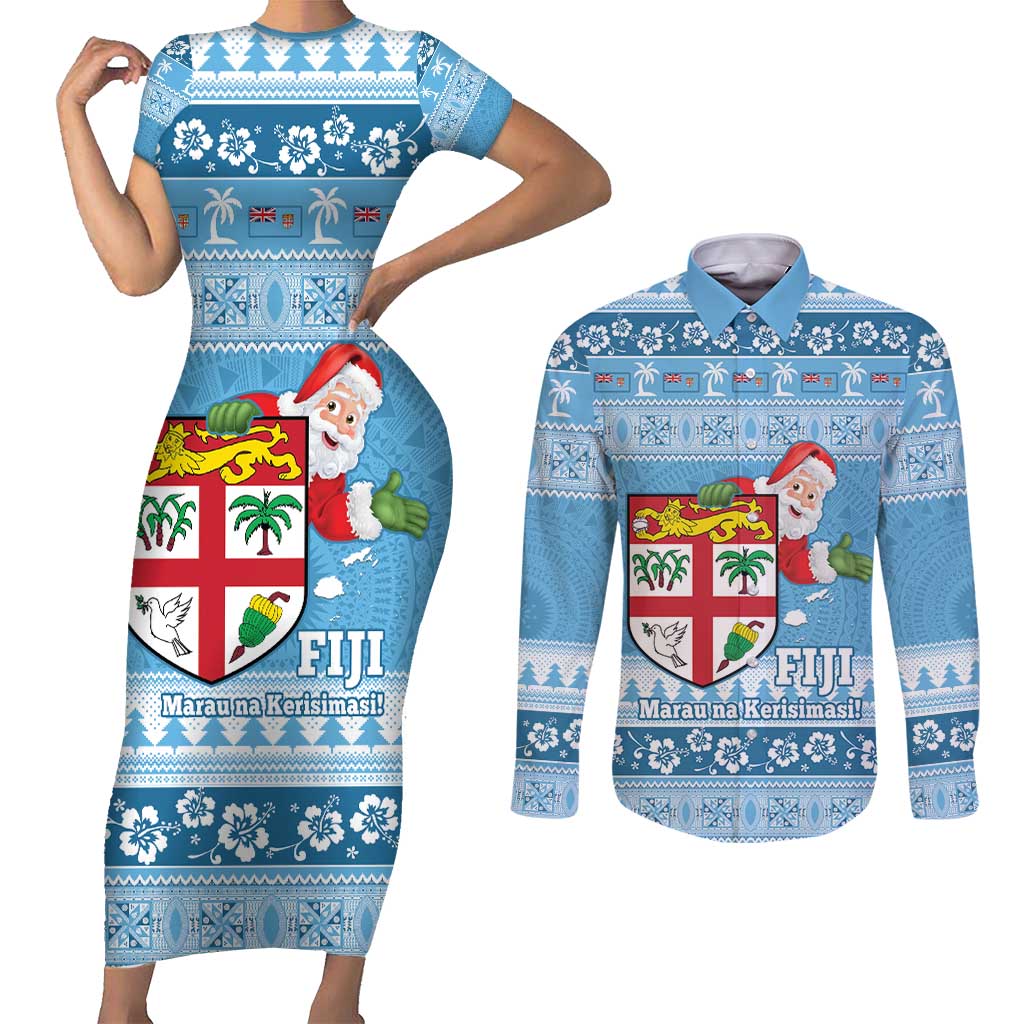 Fiji Christmas Couples Matching Short Sleeve Bodycon Dress and Long Sleeve Button Shirt Fijian Masi Marau na Kerisimasi! - Blue LT14 Blue - Polynesian Pride