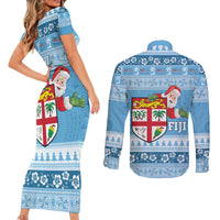 Fiji Christmas Couples Matching Short Sleeve Bodycon Dress and Long Sleeve Button Shirt Fijian Masi Marau na Kerisimasi! - Blue LT14 - Polynesian Pride