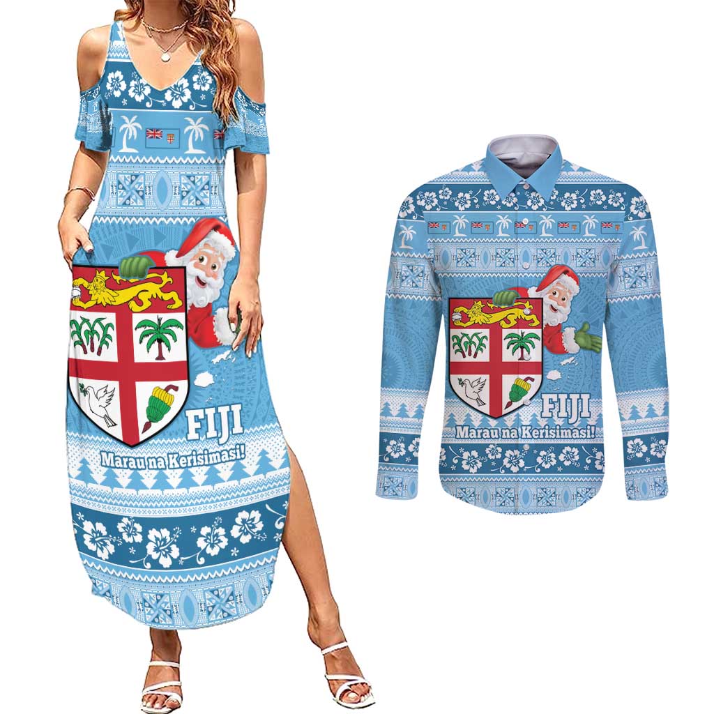 Fiji Christmas Couples Matching Summer Maxi Dress and Long Sleeve Button Shirt Fijian Masi Marau na Kerisimasi! - Blue LT14 Blue - Polynesian Pride