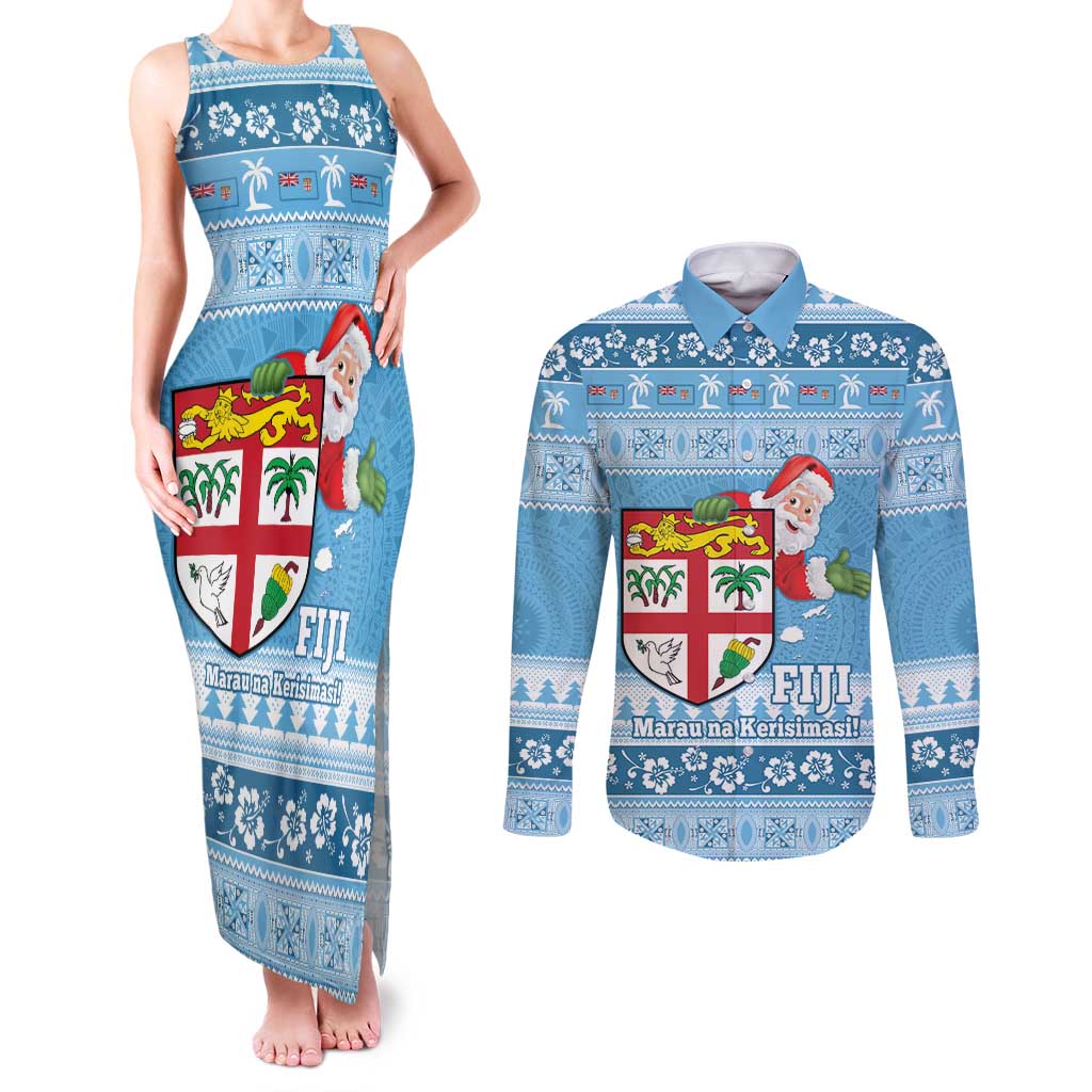 Fiji Christmas Couples Matching Tank Maxi Dress and Long Sleeve Button Shirt Fijian Masi Marau na Kerisimasi! - Blue LT14 Blue - Polynesian Pride