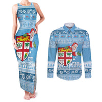 Fiji Christmas Couples Matching Tank Maxi Dress and Long Sleeve Button Shirt Fijian Masi Marau na Kerisimasi! - Blue LT14 Blue - Polynesian Pride