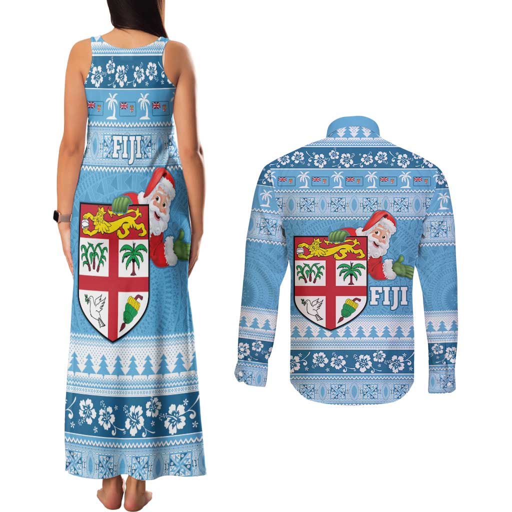 Fiji Christmas Couples Matching Tank Maxi Dress and Long Sleeve Button Shirt Fijian Masi Marau na Kerisimasi! - Blue LT14 - Polynesian Pride